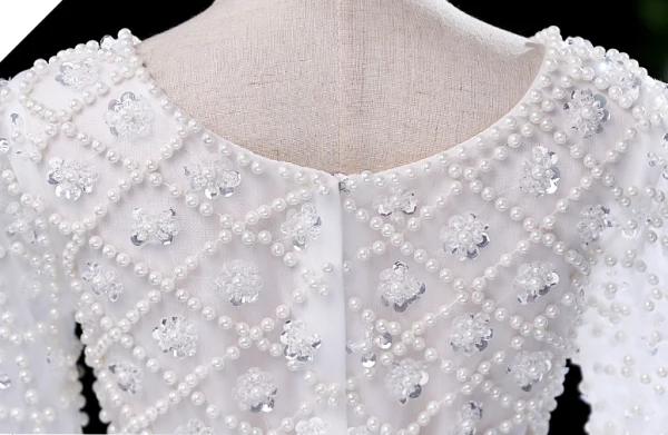 Chic / Beautiful White Beading Pearl Sequins Birthday Flower Girl Dresses 2024 Ball Gown Square Neckline Short Sleeve Floor-Length / Long