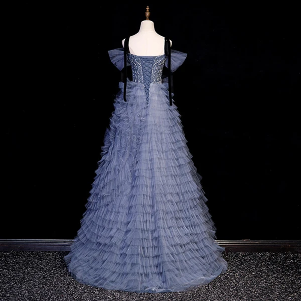 Sexy Ocean Blue Cascading Ruffles Beading Sequins Prom Dresses 2023 A-Line / Princess Off-The-Shoulder Short Sleeve Backless Floor-Length / Long Flower Girl Dresses