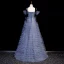 Sexy Ocean Blue Cascading Ruffles Beading Sequins Prom Dresses 2023 A-Line / Princess Off-The-Shoulder Short Sleeve Backless Floor-Length / Long Flower Girl Dresses