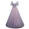 Chic / Beautiful Lavender Beading Sequins Prom Dresses 2023 A-Line / Princess Square Neckline Short Sleeve Backless Floor-Length / Long Prom Formal Dresses