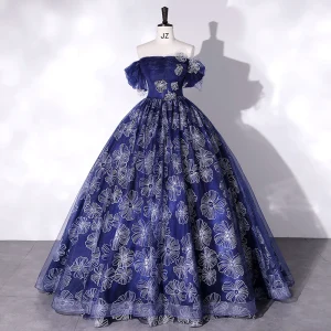 Vintage Originale Bleu Marine Robe De Bal 2022 Robe Boule De L Épaule Manches Courtes Dos Nu Faux Diamant Longue Promo Robe De Ceremonie