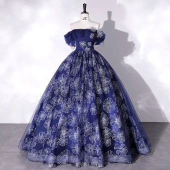 Vintage Originale Bleu Marine Robe De Bal 2022 Robe Boule De L Épaule Manches Courtes Dos Nu Faux Diamant Longue Promo Robe De Ceremonie