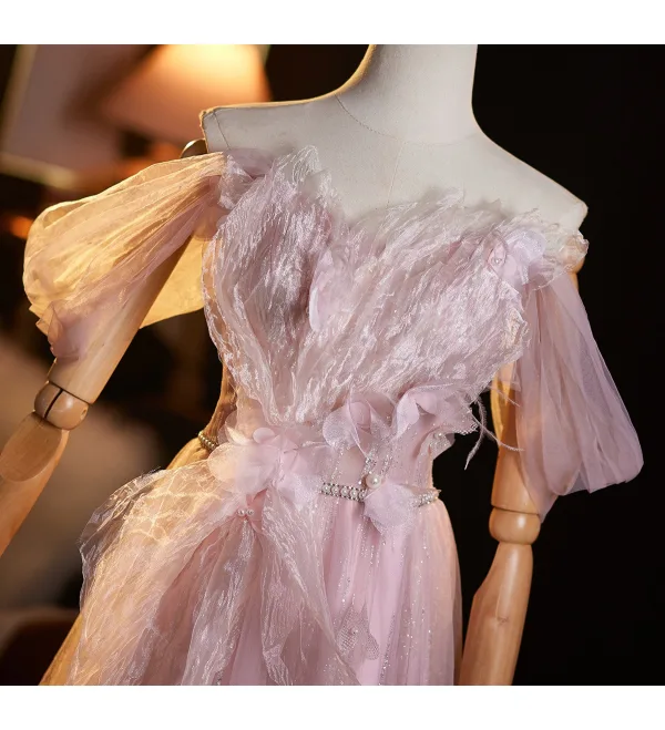 Schöne Rosa Perle Strass Pailletten Applikationen Gespaltete Front Ballkleider 2025 A Linie Off Shoulder Ärmellos Rückenfreies Lange Ball Festliche Kleider