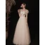 Lovely Ivory Lace Flower Prom Dresses 2022 A-Line / Princess Square Neckline Bow Puffy Short Sleeve Backless Floor-Length / Long Prom Formal Dresses