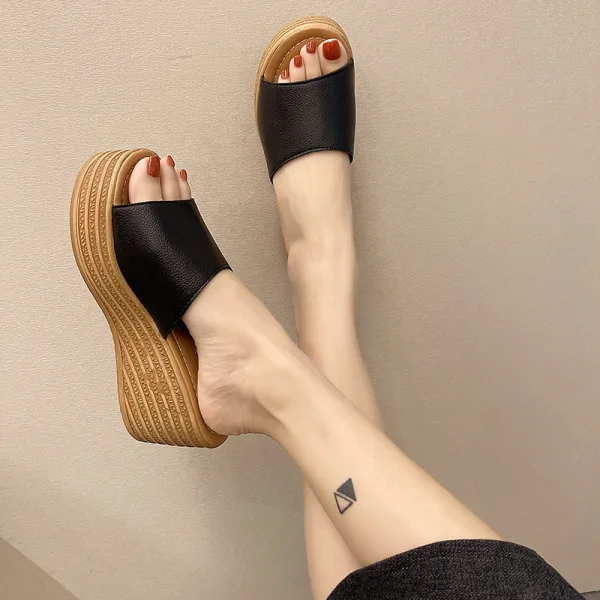 Schlicht Schwarz Freizeit Sommer Strand Sandalen Damen 2023 7 cm Keilabsatz Peeptoes Sandaletten
