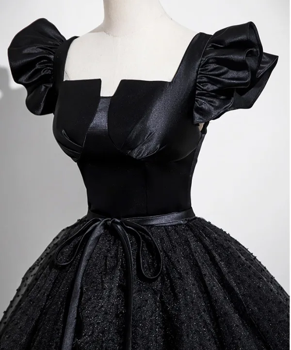 Elegante Schwarz Glanz Ballkleider 2025 Ballkleid Eckiger Ausschnitt Schleife Stoffgürtel Ärmel Rückenfreies Lange Ball Festliche Kleider