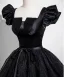Elegante Schwarz Glanz Ballkleider 2025 Ballkleid Eckiger Ausschnitt Schleife Stoffgürtel Ärmel Rückenfreies Lange Ball Festliche Kleider