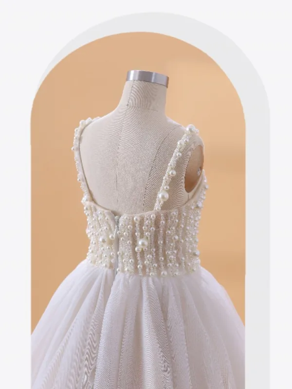 Chic / Beautiful White Beading Pearl Short Birthday Flower Girl Dresses 2024 Spaghetti Straps Sleeveless Backless