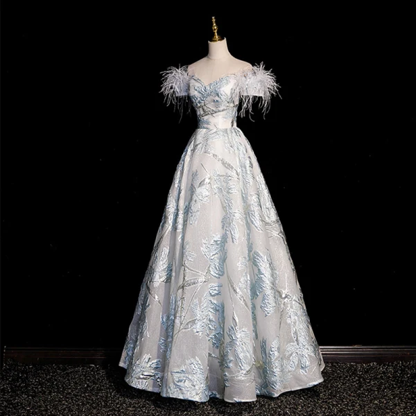 Fashion Sky Blue Printing Prom Dresses 2023 A-Line / Princess Off-The-Shoulder Tassel Short Sleeve Backless Floor-Length / Long Prom Formal Dresses