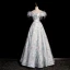 Fashion Sky Blue Printing Prom Dresses 2023 A-Line / Princess Off-The-Shoulder Tassel Short Sleeve Backless Floor-Length / Long Prom Formal Dresses