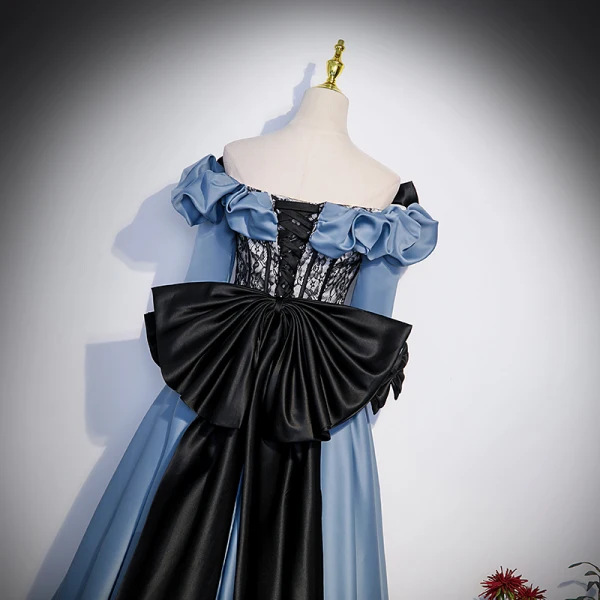 Elegante Blauw Galajurken 2023 A lijn Ruche Uit De Schouder Korte Mouwen Ruglooze Strik Lange Gala Gelegenheid Jurken