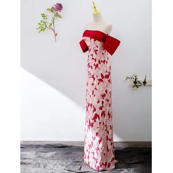 Vintage / Retro Red Printing Evening Dresses 2022 Trumpet / Mermaid Off-The-Shoulder Short Sleeve Backless Floor-Length / Long Evening Party Formal Dresses