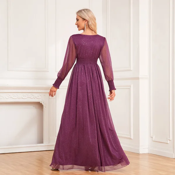 Modest / Simple Fuchsia Glitter Prom Dresses 2024 A-Line / Princess V-Neck Long Sleeve Floor-Length / Long Prom Formal Dresses
