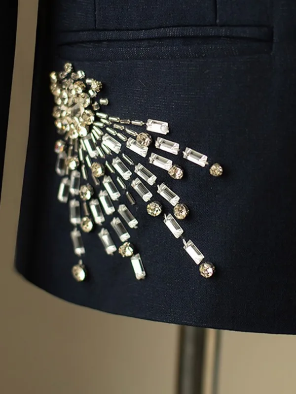 Navy Blue Long Sleeve Rhinestone 5-piece Boys Wedding Suits 2024 Coat Pants Shirt Tie Vest