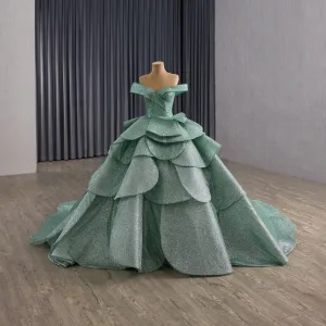 Luxe Vert Citron Volants En Cascade Paillettes Robe De Bal 2025 Robe Boule De L Épaule Sans Manches Dos Nu Royal Train Robe De Ceremonie