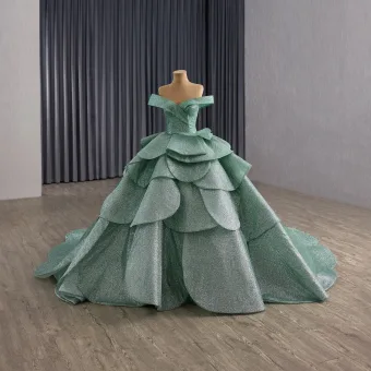 Luxe Vert Citron Volants En Cascade Paillettes Robe De Bal 2025 Robe Boule De L Épaule Sans Manches Dos Nu Royal Train Robe De Ceremonie