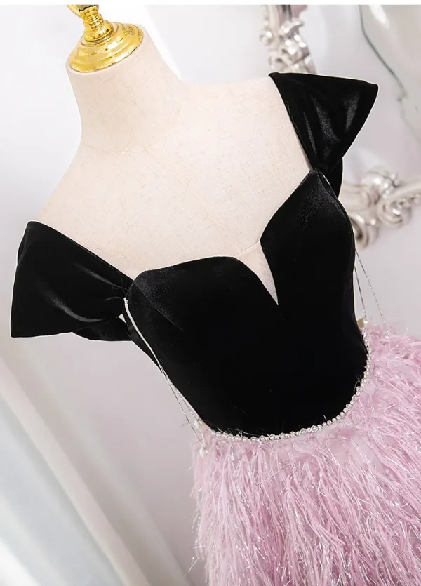 Chic / Beautiful Candy Pink Tassel Prom Dresses 2024 Ball Gown Square Neckline Short Sleeve Backless Floor-Length / Long Prom Formal Dresses