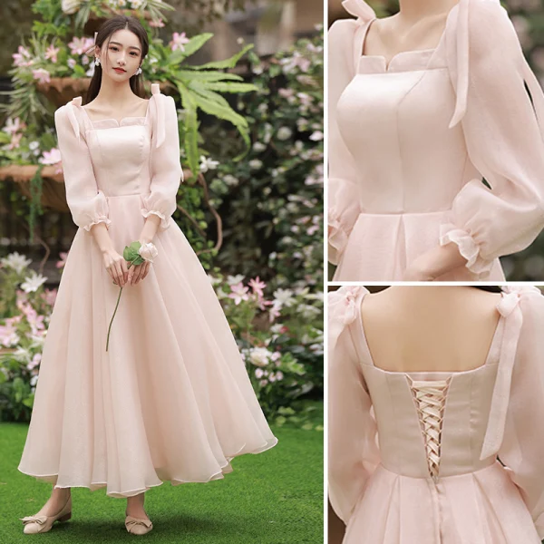 Modest / Simple Blushing Pink Bridesmaid Dresses 2022 A-Line / Princess Backless Bow Floor-Length / Long Bridesmaid Wedding Party Dresses
