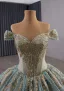 Luxury / Gorgeous Mint Green Handmade  Beading Sequins Prom Dresses 2025 Ball Gown Off-The-Shoulder Short Sleeve Backless Chapel Train Formal Dresses