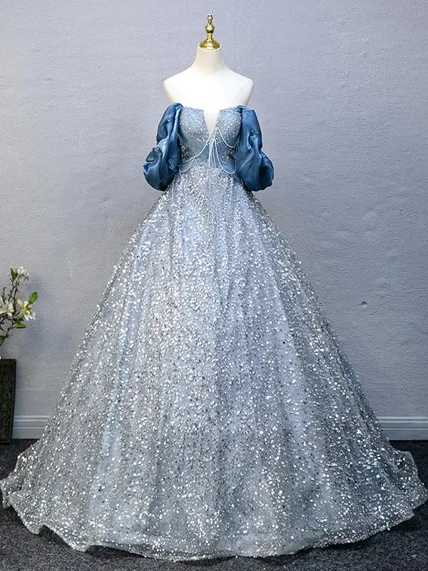Chic / Belle Bleu Ciel Perlage Paillettes Robe De Bal 2025 Robe Boule Volants De l'épaule Manches Courtes Dos Nu Longue Promo Robe De Ceremonie