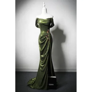 Sparkly Mørk Grønn Paljetter Appliques Selskapskjoler 2024 Trompet Havfrue Strapless Uten Ermer Ryggløse Feie Tog Formelle Kjoler