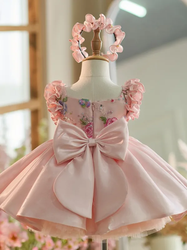 Lovely Candy Pink Sequins Short Birthday Flower Girl Dresses 2024 Ball Gown Scoop Neck Ruffle Short Sleeve Bow