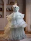 Flower Fairy Sage Green Appliques Cascading Ruffles Prom Dresses 2026 Ball Gown Strapless Bow Sleeveless Backless Sweep Train Formal Dresses