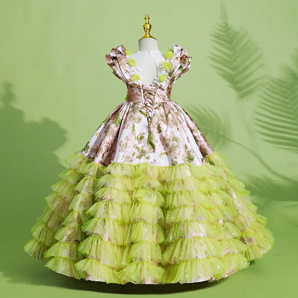 Unusual Lime Green Cascading Ruffles Birthday Flower Girl Dresses 2022 Ball Gown Scoop Neck Appliques Sequins Sleeveless Backless Floor-Length / Long Flower Girl Dresses