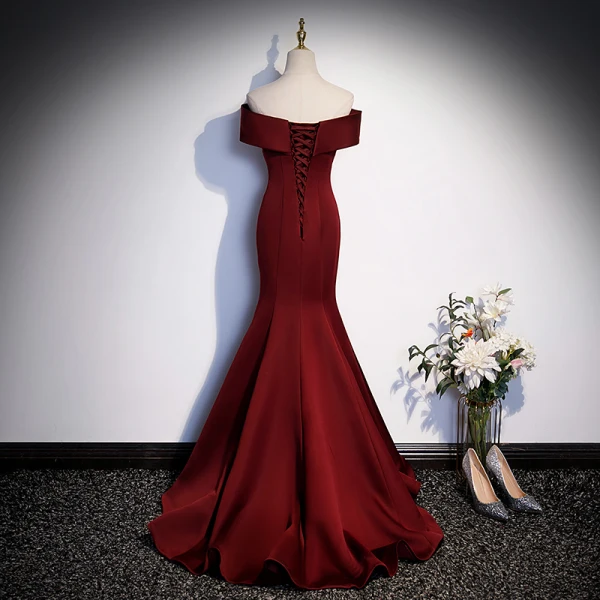 Illusion Burgundy Evening Dresses 2023 Trumpet / Mermaid Off-The-Shoulder Sleeveless Backless Bow Floor-Length / Long Evening Party Formal Dresses