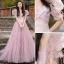 Chic / Belle Couleur Unie Rougissant Rose Plissée Paillettes Robe De Bal 2023 Princesse V-Cou Gonflée Manches Courtes Dos Nu Noeud Longue Promo Robe De Ceremonie