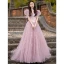 Chic / Belle Couleur Unie Rougissant Rose Plissée Paillettes Robe De Bal 2023 Princesse V-Cou Gonflée Manches Courtes Dos Nu Noeud Longue Promo Robe De Ceremonie