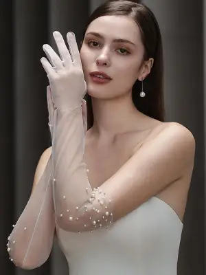 Elegant White Pearl Wedding Bridal Gloves 2025 Tulle