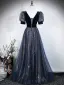 Vintage / Retro Navy Blue Sequins Prom Dresses 2026 A-Line / Princess Square Neckline Short Sleeve Backless