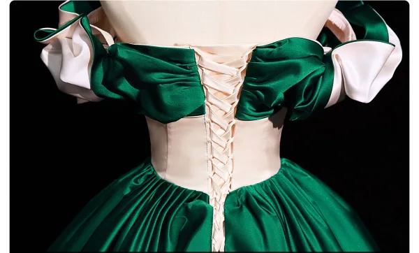 Two Tone Elegant Dark Green Satin Prom Dresses 2025 Ball Gown Off-The-Shoulder Short Sleeve Backless Floor-Length / Long Prom Formal Dresses