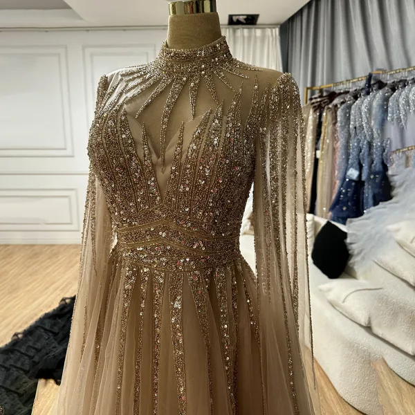 High End Elegante Lindgrün Handgefertigt Perlenstickerei Pailletten Ballkleider 2024 A Linie Stehkragen Lange Ärmel Sweep / Pinsel Zug Ball Festliche Kleider