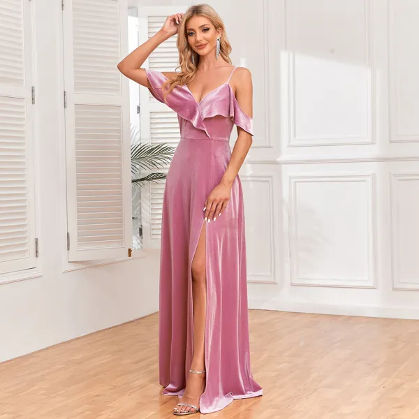 Sexy Candy Pink Velvet Split Front Evening Dresses 2024 Trumpet / Mermaid Spaghetti Straps Sleeveless Backless Floor-Length / Long Evening Party Formal Dresses