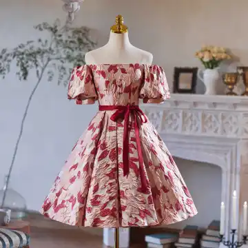 Chic Beautiful Printing Short Burgundy Homecoming Graduation Dresses 2024 Ball Gown Off The Shoulder Backless Bow Sash Short Sleeve Formal Dresses