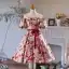 Chic / Beautiful Printing Short Burgundy Homecoming Graduation Dresses 2024 Ball Gown Off-The-Shoulder Backless Bow Sash Short Sleeve Formal Dresses