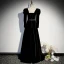Elegante Schwarz Winter Wildleder Abendkleider 2023 A Linie Eckiger Ausschnitt Rückenfreies Strass Stoffgürtel Lange Ärmel Lange Abend Festliche Kleider