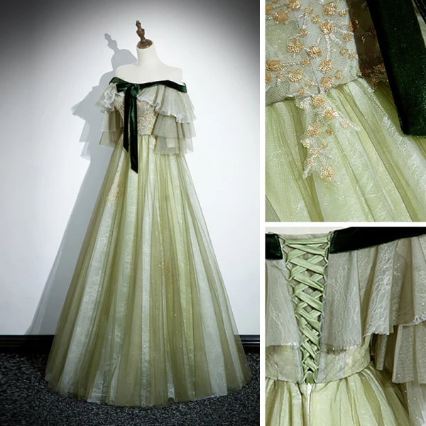 Fashion Sage Green Sequins Pleated Prom Dresses 2023 A-Line / Princess Off-The-Shoulder Bow Short Sleeve Backless Floor-Length / Long Prom Formal Dresses