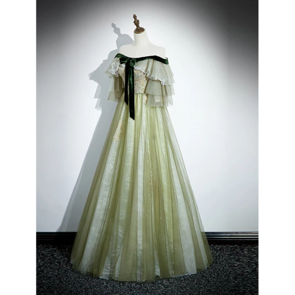 Fashion Sage Green Sequins Pleated Prom Dresses 2023 A-Line / Princess Off-The-Shoulder Bow Short Sleeve Backless Floor-Length / Long Prom Formal Dresses