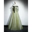 Fashion Sage Green Sequins Pleated Prom Dresses 2023 A-Line / Princess Off-The-Shoulder Bow Short Sleeve Backless Floor-Length / Long Prom Formal Dresses