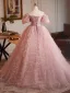 Chic / Beautiful Blushing Pink Beading Ruffle Prom Dresses 2025 Ball Gown Off-The-Shoulder Short Sleeve Backless Floor-Length / Long Prom Formal Dresses