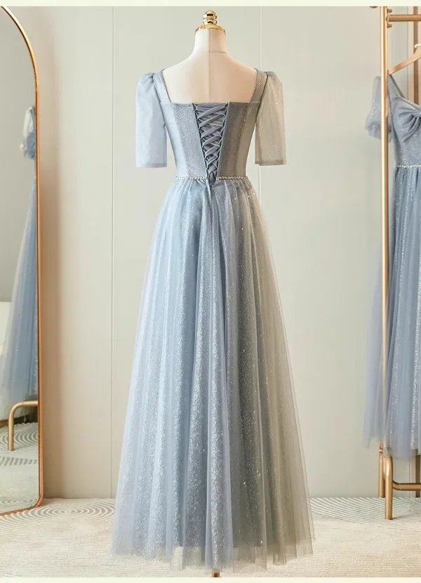 Chic / Belle Gris Perlage Faux Diamant Paillettes Robe Demoiselle D'honneur 2023 Princesse Encolure Carrée Manches Courtes Dos Nu Longue