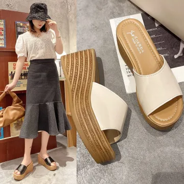 Simple Noire Désinvolte Été Plage Sandales Femme 2023 7 Cm Compensées Peep Toes Bout Ouvert Sandales
