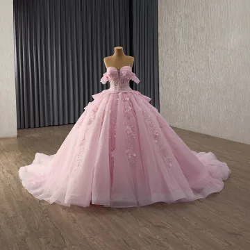 Luxury Gorgeous Blushing Pink Handmade Beading Pearl Sequins Appliques Wedding Dresses 2025 Ball Gown Off The Shoulder Short Sleeve Backless Chapel Train Wedding