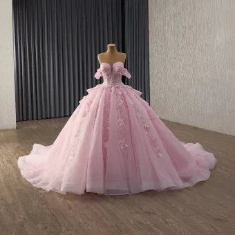Luxury Gorgeous Blushing Pink Handmade Beading Pearl Sequins Appliques Wedding Dresses 2025 Ball Gown Off The Shoulder Short Sleeve Backless Chapel Train Wedding