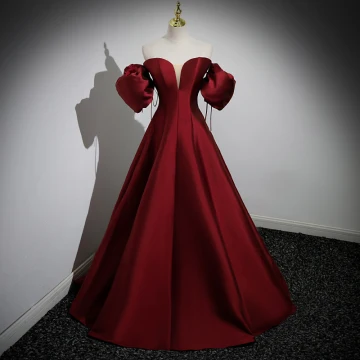 Elegant Burgundy Satin Prom Dresses 2023 A Line Princess Off The Shoulder Puffy Short Sleeve Backless Floor Length Long Formal Dresses
