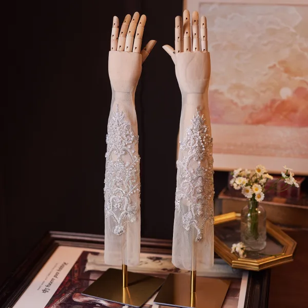 Elegant Hvit Beading Paljetter Blonder Blomst Bryllup Brudehansker 2026 Tyll