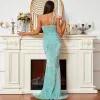 Sexy Mint Green Sequins Split Front Evening Dresses 2022 Trumpet / Mermaid One-Shoulder Sleeveless Backless Sweep Train Evening Party Formal Dresses